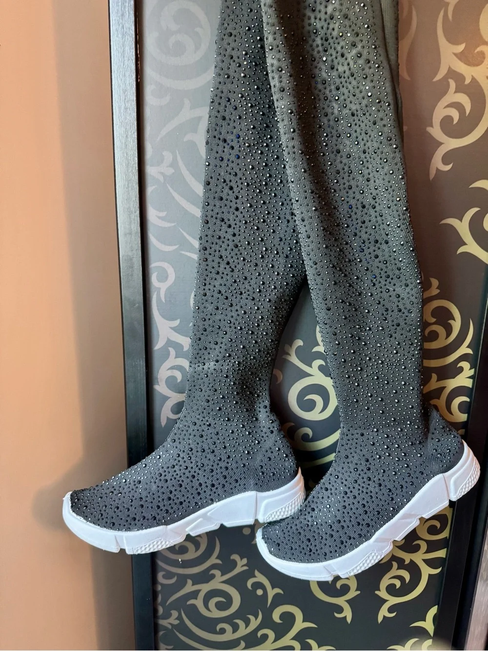 Crystal-Embellished Over-the-Knee Sock Boots in Black